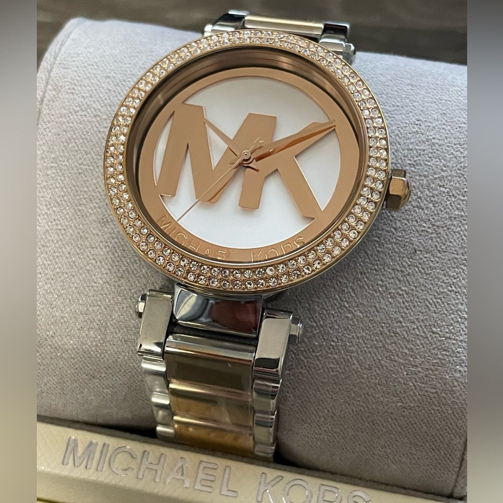 MICHAEL KORS Women's Parker Rose Gold/Silver Crystal Watch MK Logo MK6314 New! - Picture 2 of 10